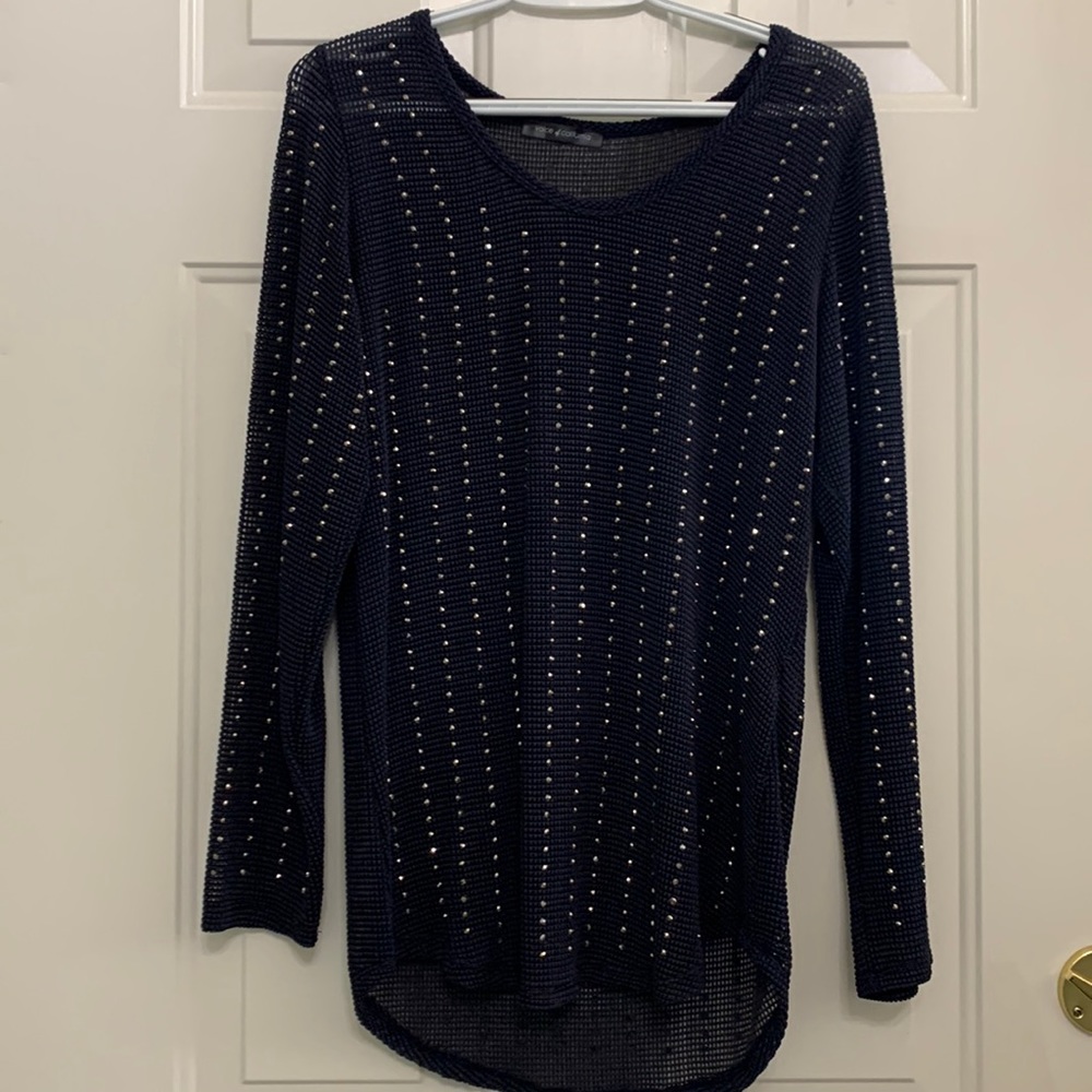 Blue, long sleeve top size L with silver studs on front, back, and sleeves.